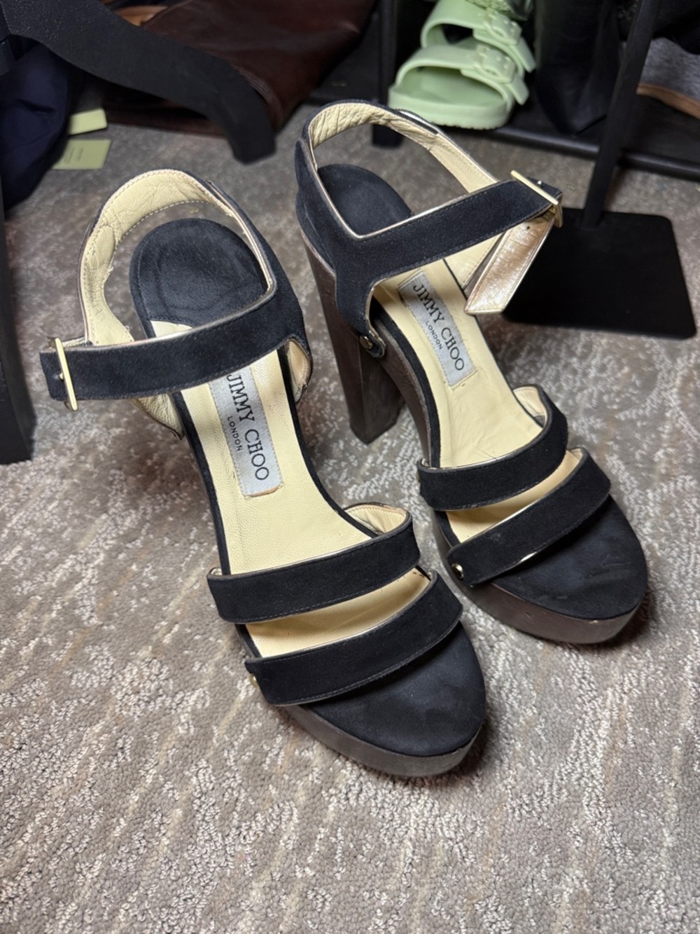 Jimmy Choo Black Suede and Wood Platform Heels - Picture 2 of 7
